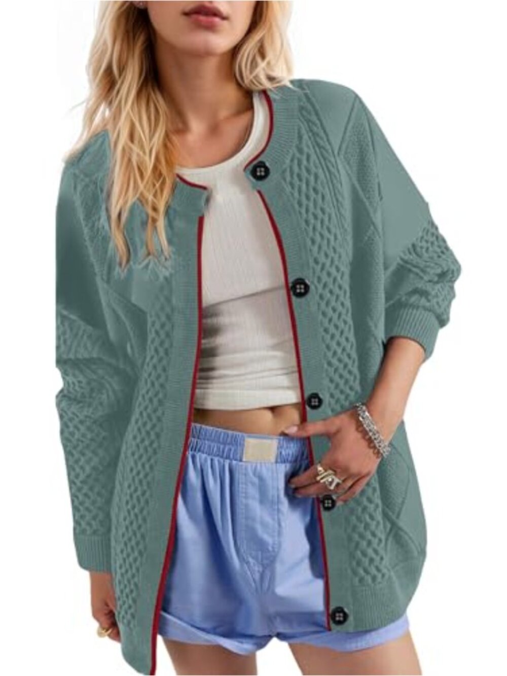 Women's Chunky Cable Knit Button Down Cardigan Sweater Contrast Trim Winter Coat